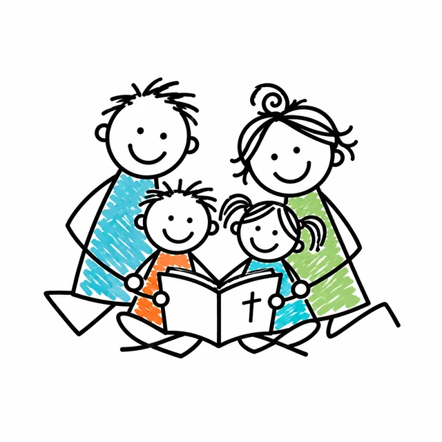 Simple pen-and-crayon doodle of a family reading the Bible together