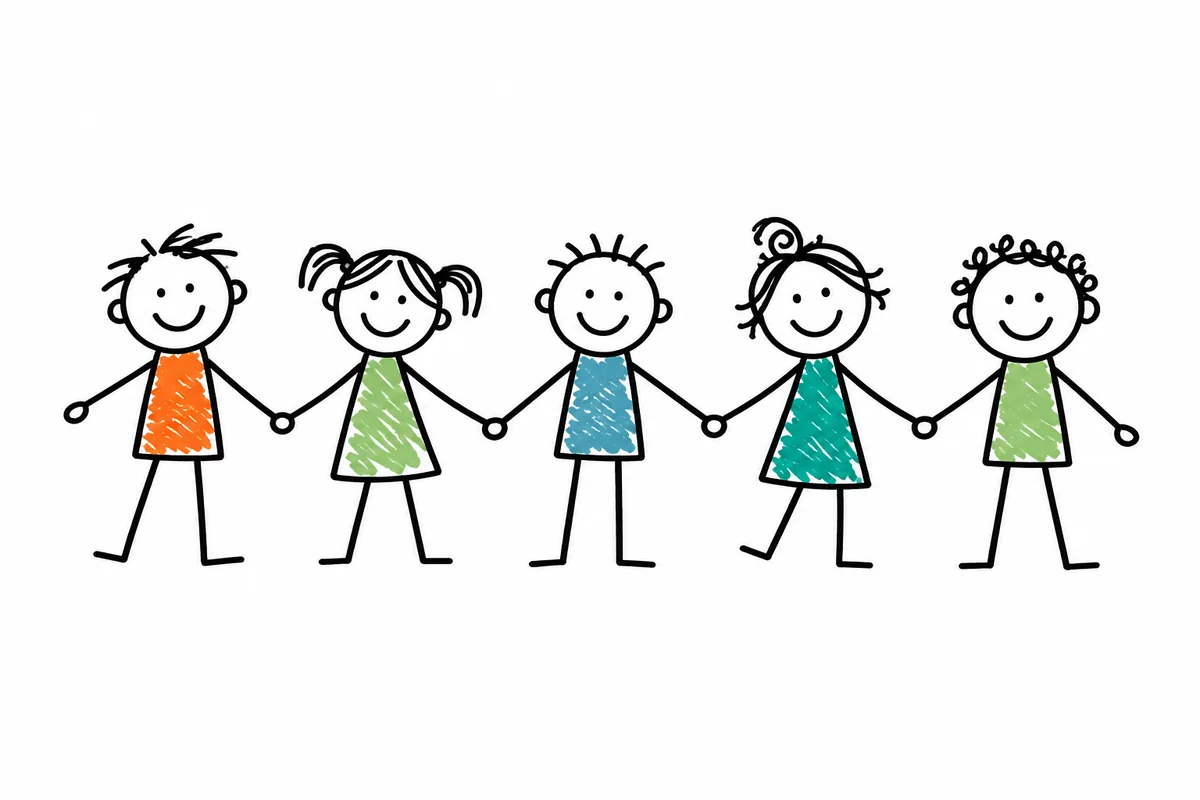 Simple pen-and-crayon doodle of five smiling children holding hands