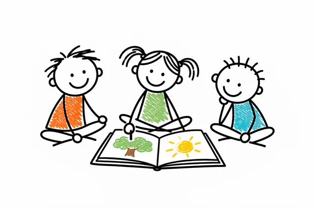 Three stick-figure children sharing a book in a simple pen-and-crayon drawing
